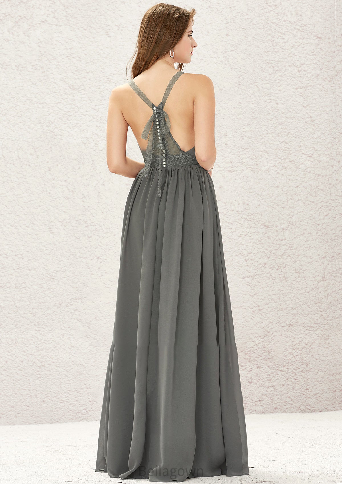 A-line V Neck Sleeveless Chiffon Long/Floor-Length Bridesmaid Dresses With Pleated Lace Audrey DNP0025367