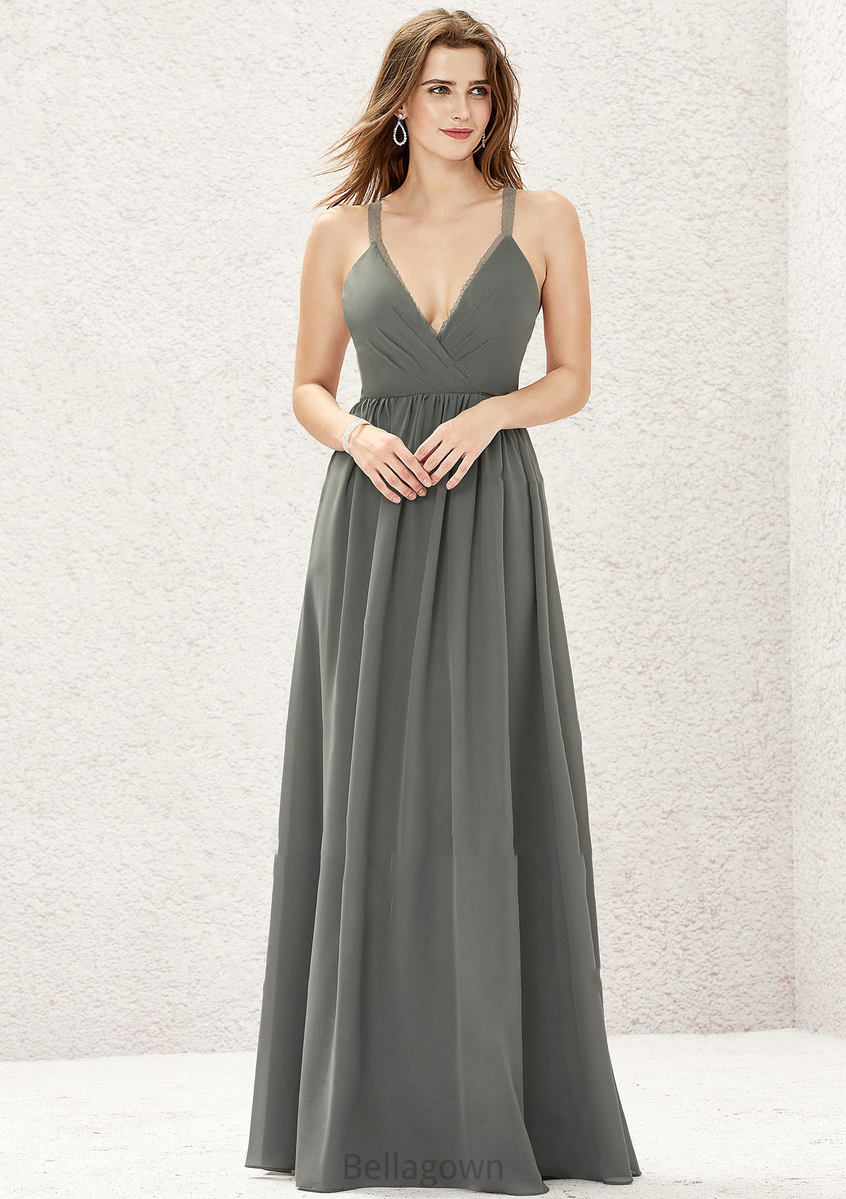 A-line V Neck Sleeveless Chiffon Long/Floor-Length Bridesmaid Dresses With Pleated Lace Audrey DNP0025367