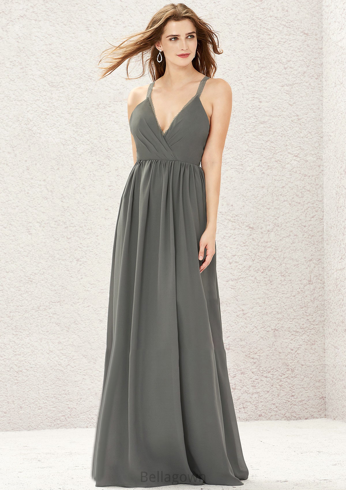 A-line V Neck Sleeveless Chiffon Long/Floor-Length Bridesmaid Dresses With Pleated Lace Audrey DNP0025367