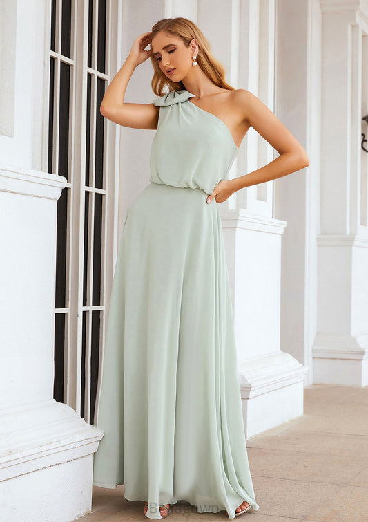 A-line One-Shoulder Sleeveless Long/Floor-Length Chiffon Bridesmaid Dresses With Shoulder Flower Sierra DNP0025369