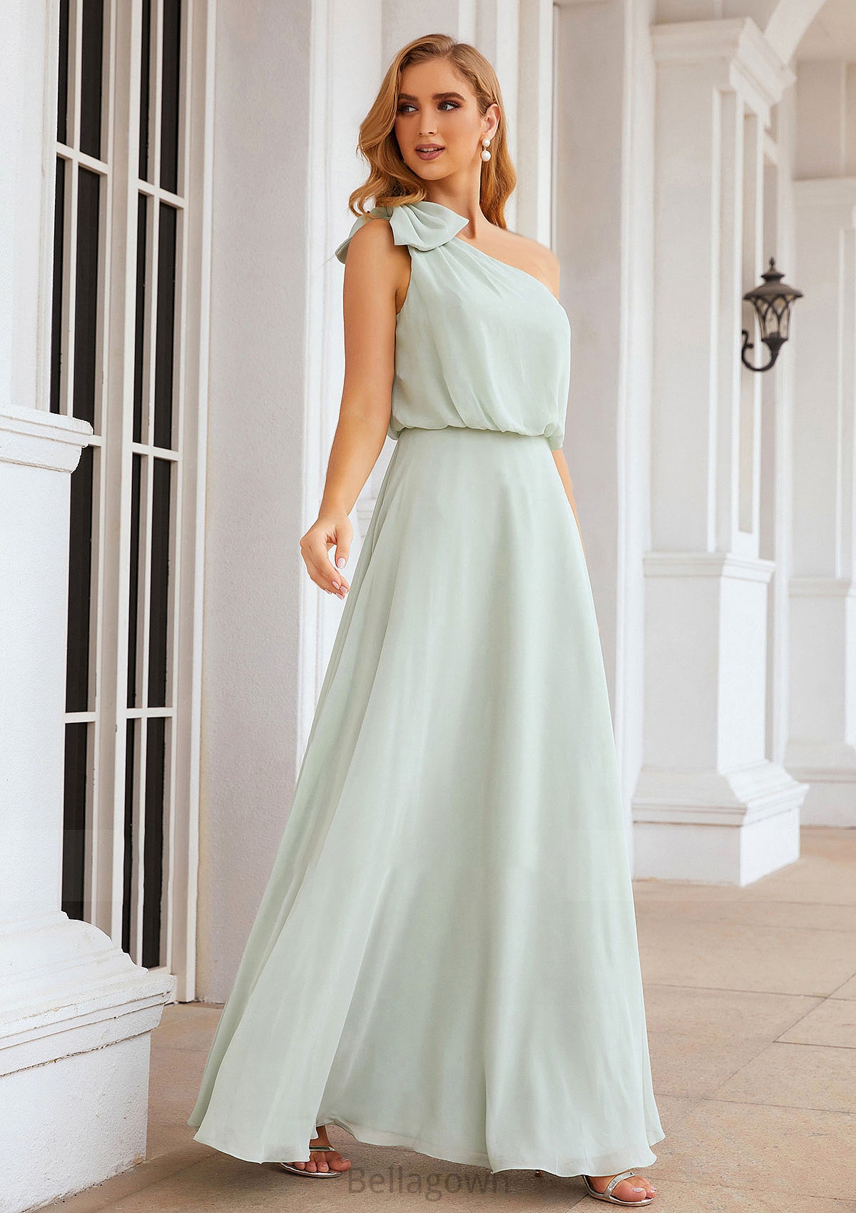 A-line One-Shoulder Sleeveless Long/Floor-Length Chiffon Bridesmaid Dresses With Shoulder Flower Sierra DNP0025369