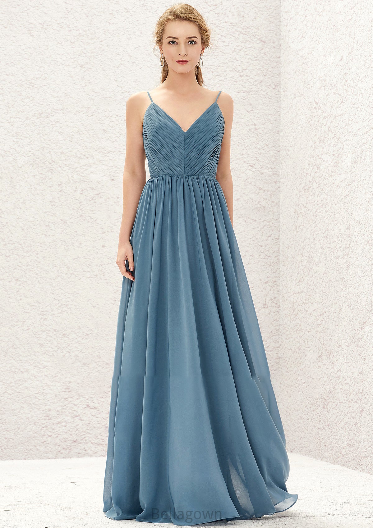 A-line V Neck Sleeveless Chiffon Long/Floor-Length Bridesmaid Dresses With Pleated Lena DNP0025370