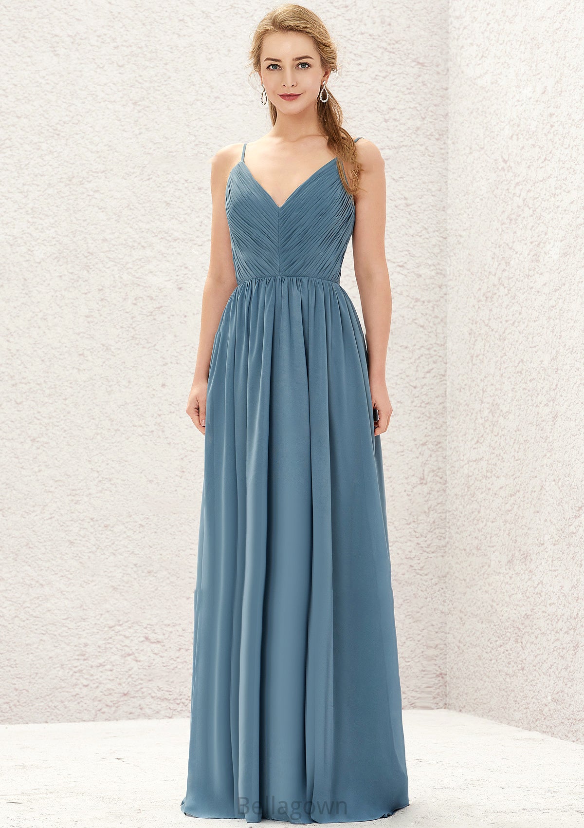 A-line V Neck Sleeveless Chiffon Long/Floor-Length Bridesmaid Dresses With Pleated Lena DNP0025370