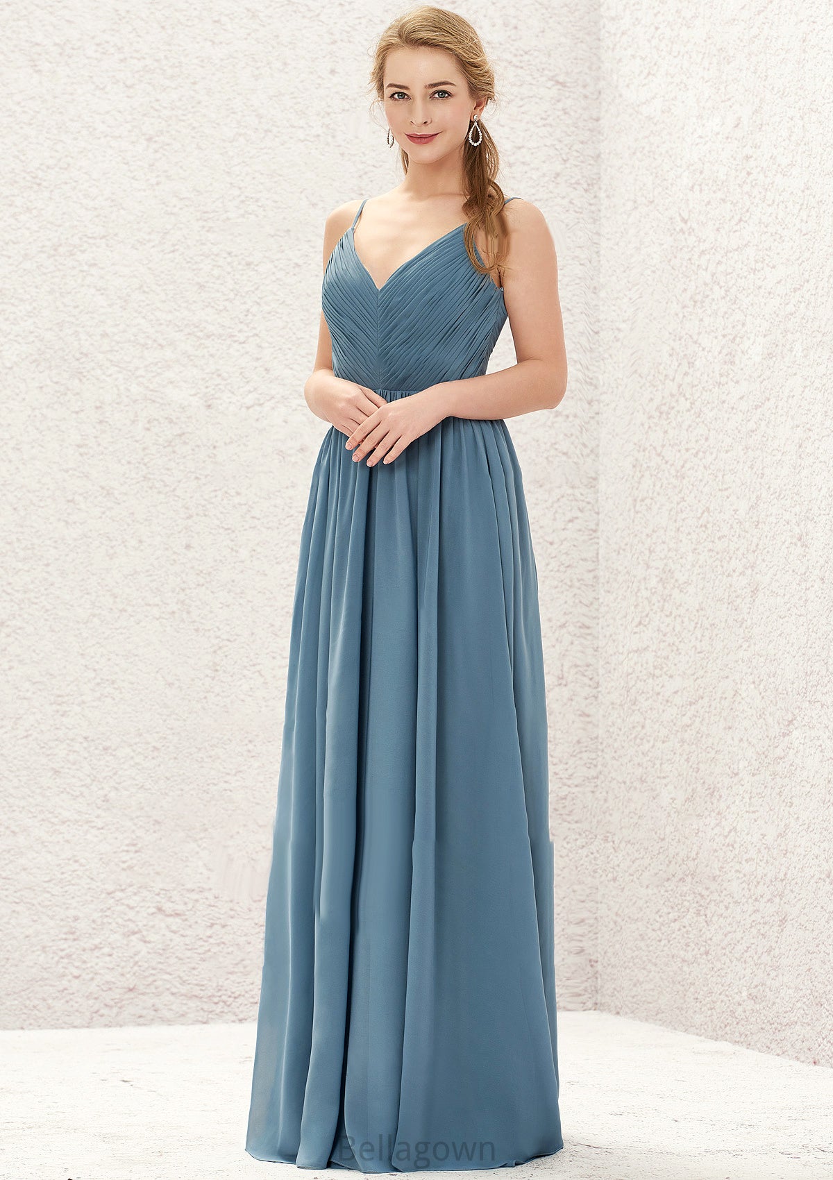 A-line V Neck Sleeveless Chiffon Long/Floor-Length Bridesmaid Dresses With Pleated Lena DNP0025370