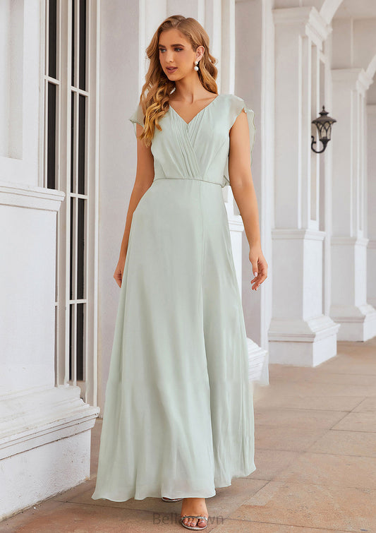 A-line V Neck Sleeveless Long/Floor-Length Chiffon Bridesmaid Dresses With Pleated Split Zoie DNP0025372