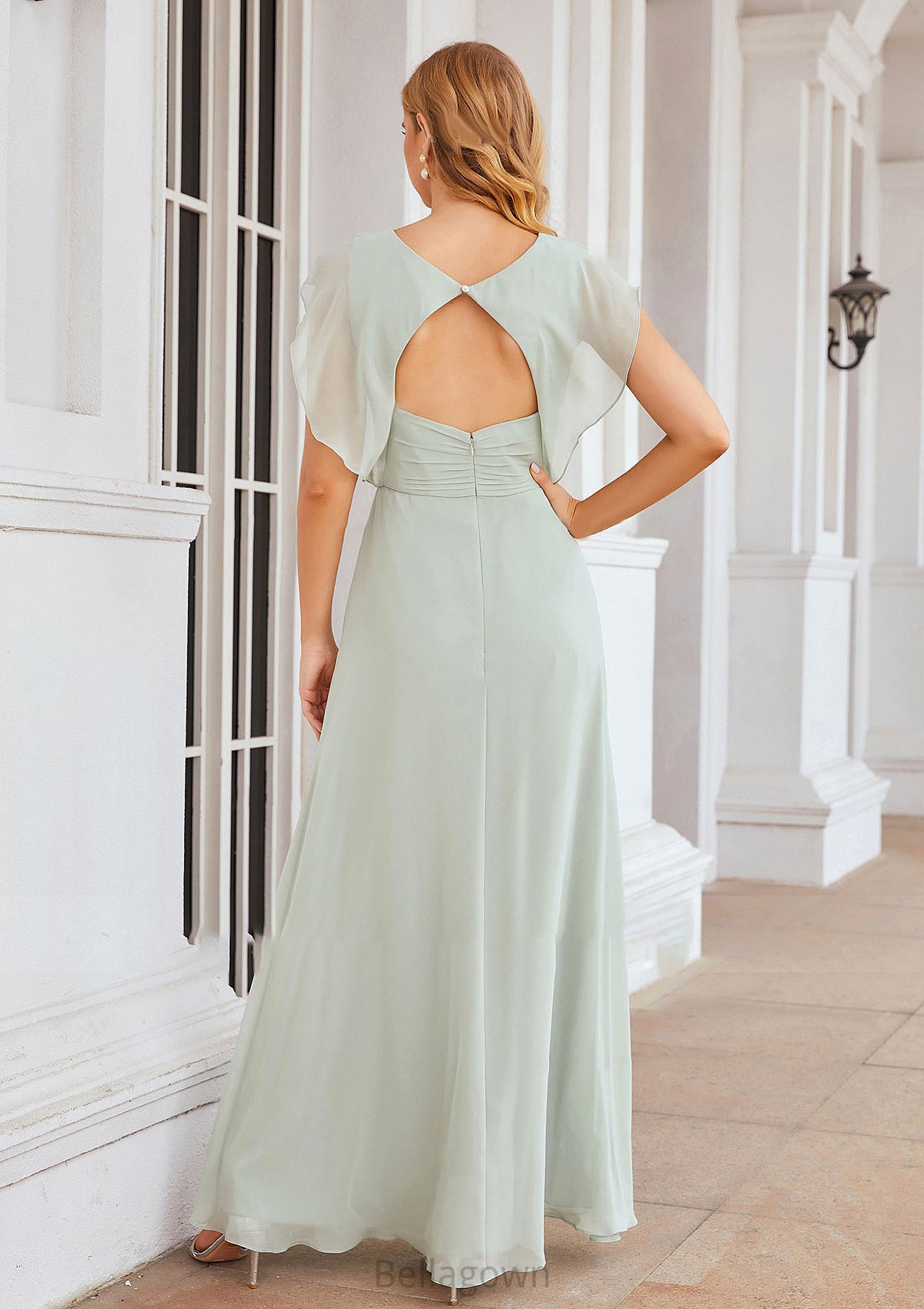 A-line V Neck Sleeveless Long/Floor-Length Chiffon Bridesmaid Dresses With Pleated Split Zoie DNP0025372