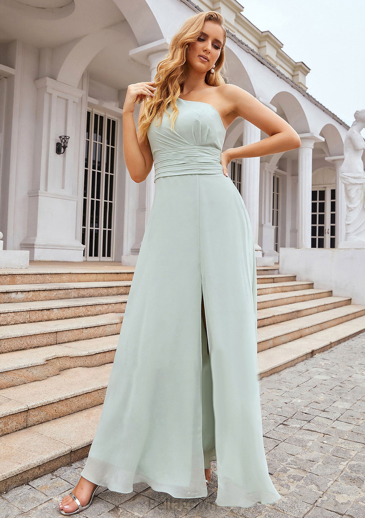 Sheath/Column One-Shoulder Sleeveless Long Chiffon Bridesmaid Dresseses With Pleated Waistband Split Carley DNP0025373