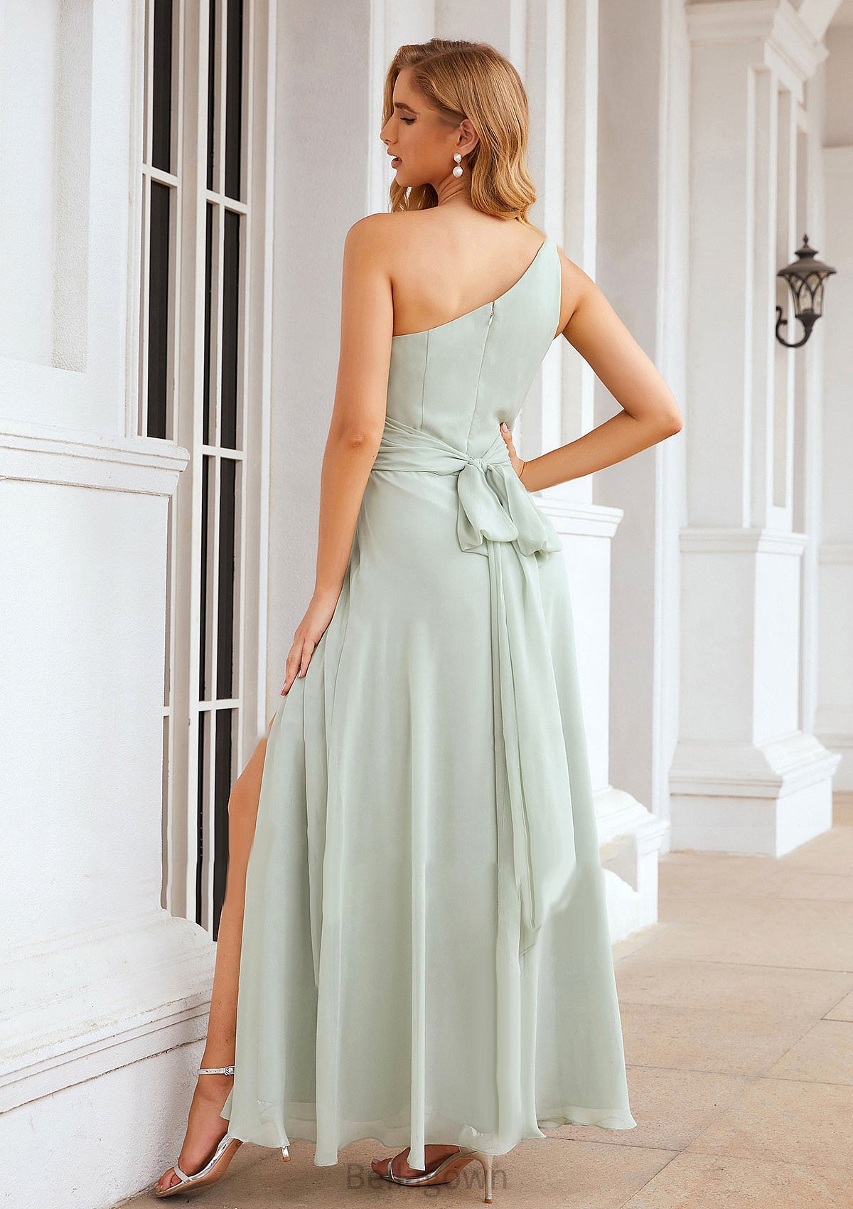 Sheath/Column One-Shoulder Sleeveless Long Chiffon Bridesmaid Dresseses With Pleated Waistband Split Carley DNP0025373