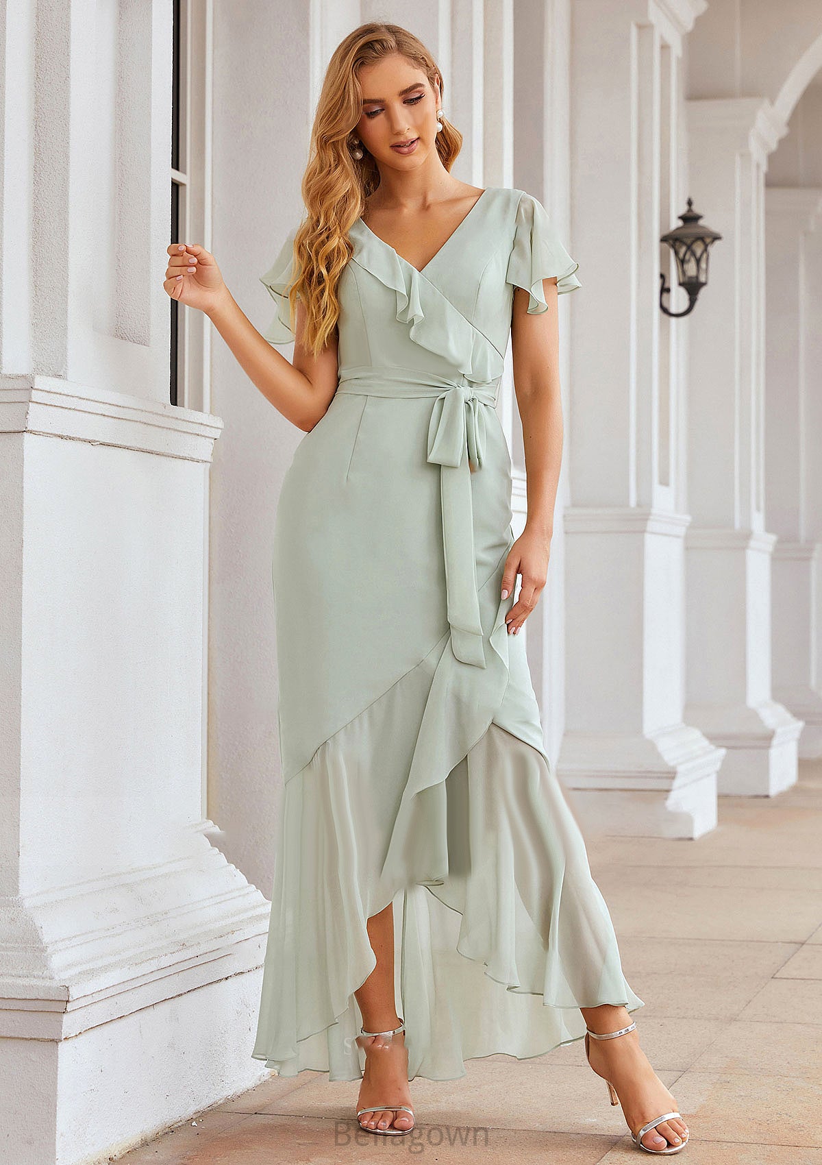 Sheath/Column V Neck Short Sleeve Asymmetrical Chiffon Bridesmaid Dresses With Ruffles Waistband Split Itzel DNP0025375