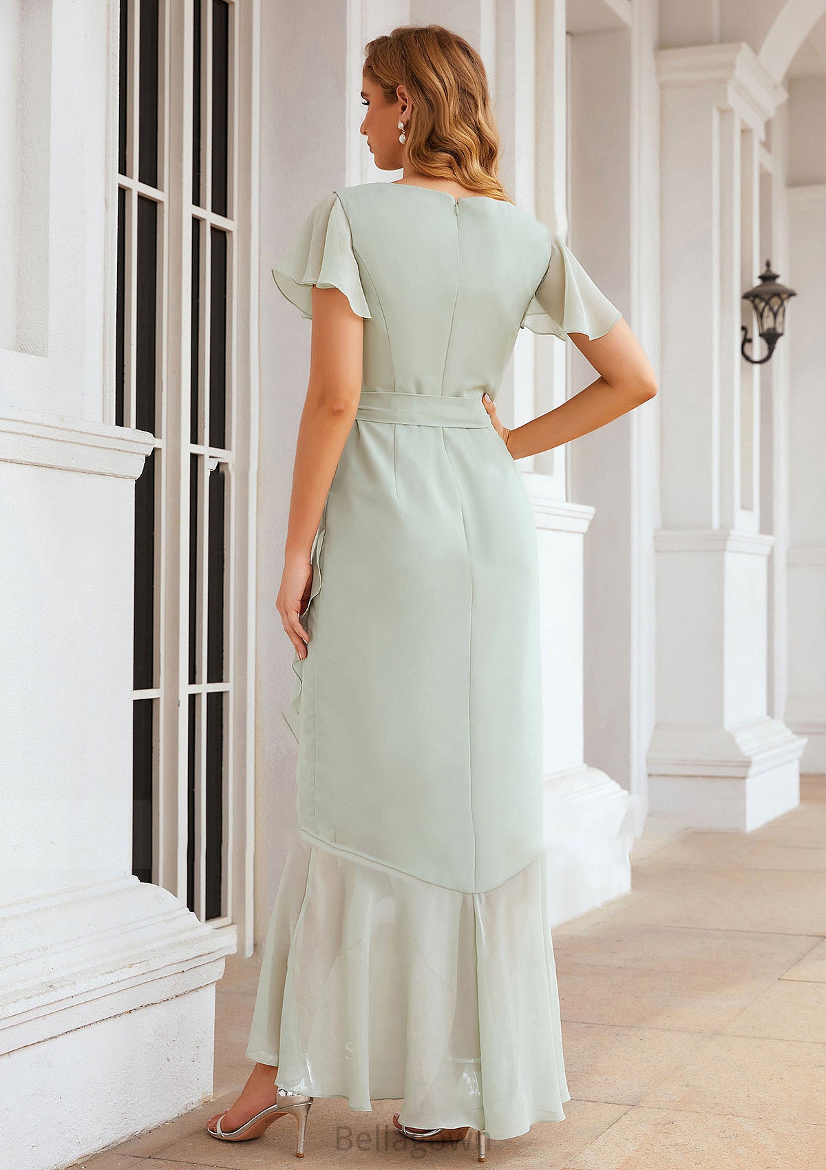 Sheath/Column V Neck Short Sleeve Asymmetrical Chiffon Bridesmaid Dresses With Ruffles Waistband Split Itzel DNP0025375