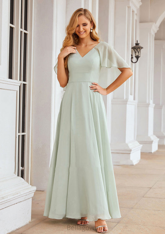 A-line V Neck Short Sleeve Long/Floor-Length Chiffon Bridesmaid Dresses Kaleigh DNP0025376