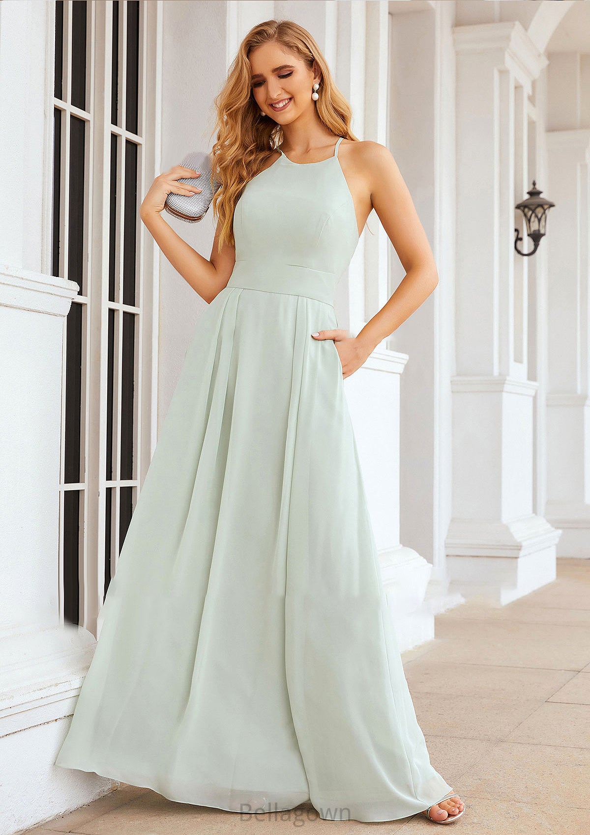 A-line Scoop Neck Sleeveless Long/Floor-Length Chiffon Bridesmaid Dresses With Pleated Pockets Maci DNP0025378