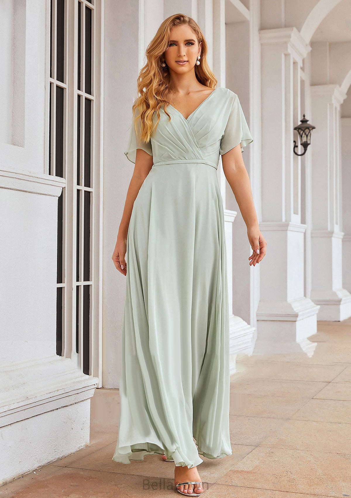 A-line V Neck Short Sleeve Chiffon Long/Floor-Length Bridesmaid Dresses With Pleated Waistband Madalyn DNP0025381