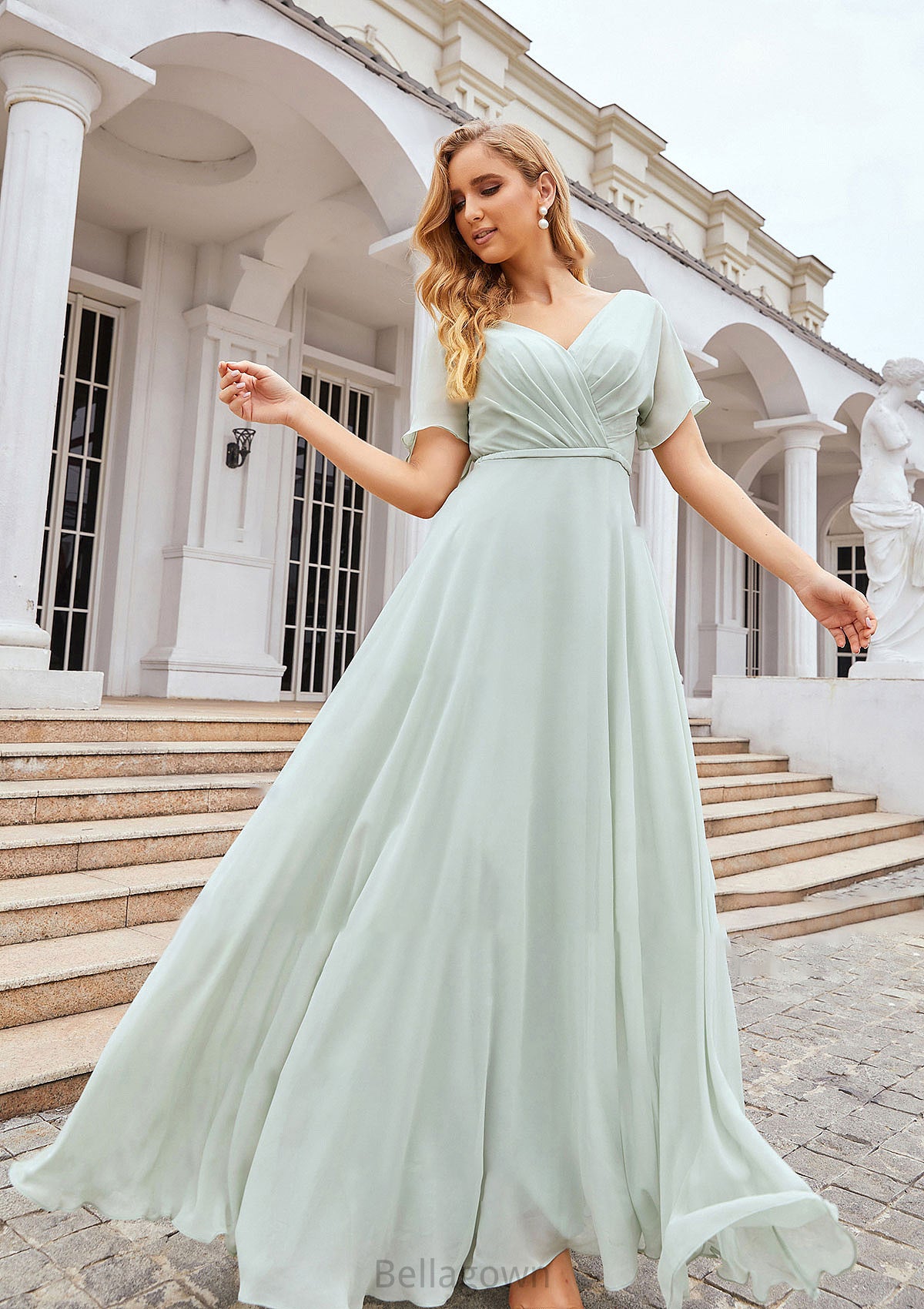 A-line V Neck Short Sleeve Chiffon Long/Floor-Length Bridesmaid Dresses With Pleated Waistband Madalyn DNP0025381