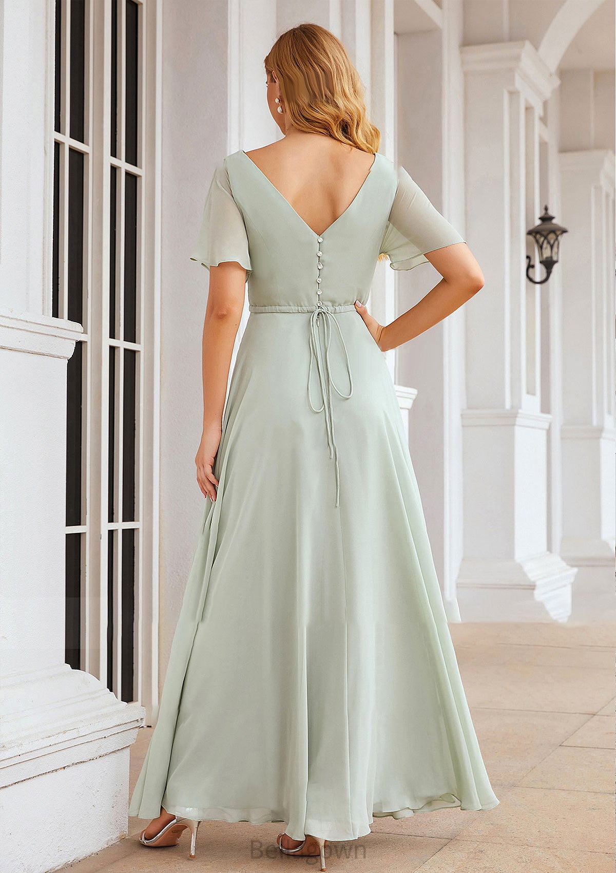 A-line V Neck Short Sleeve Chiffon Long/Floor-Length Bridesmaid Dresses With Pleated Waistband Madalyn DNP0025381