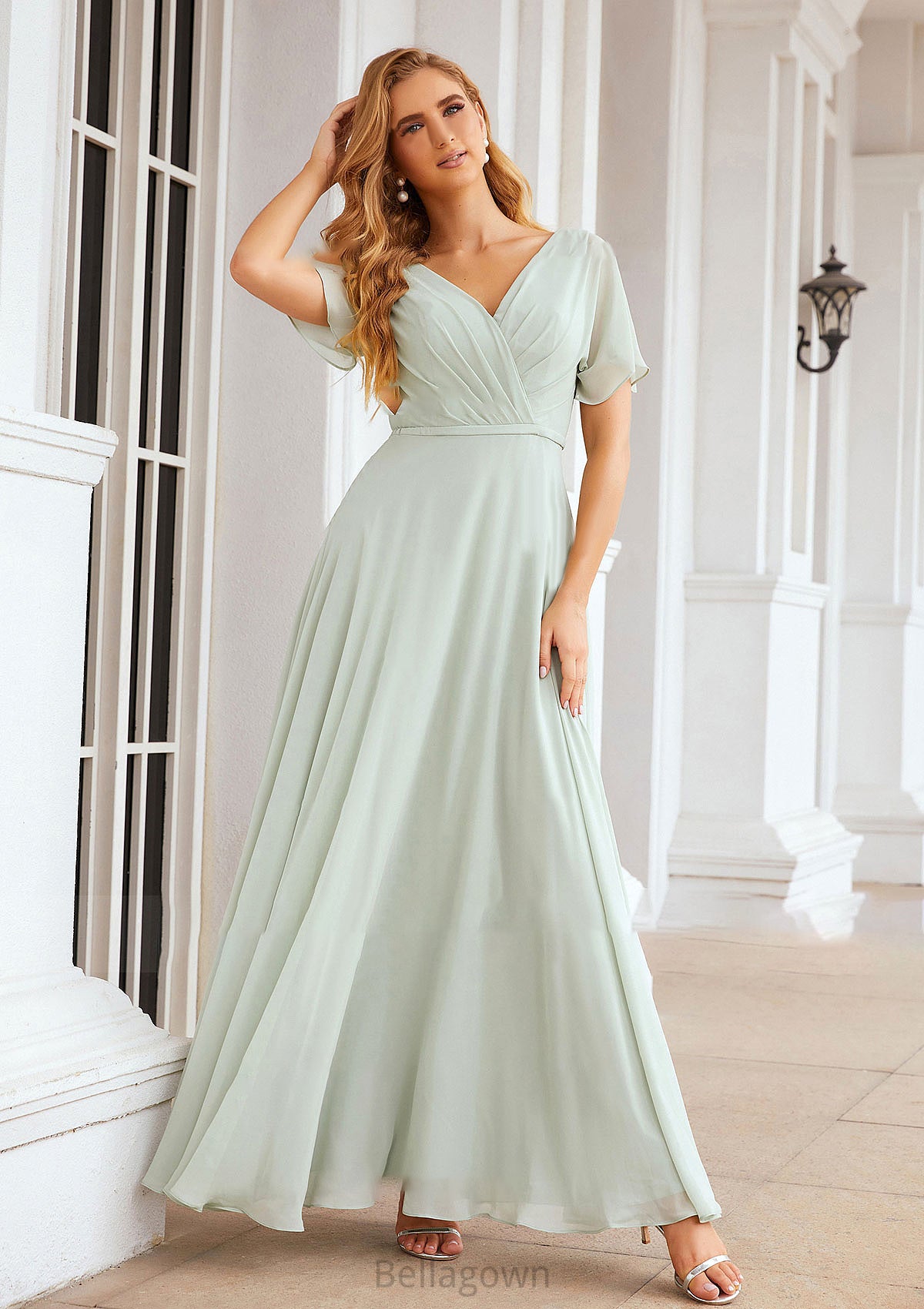 A-line V Neck Short Sleeve Chiffon Long/Floor-Length Bridesmaid Dresses With Pleated Waistband Madalyn DNP0025381