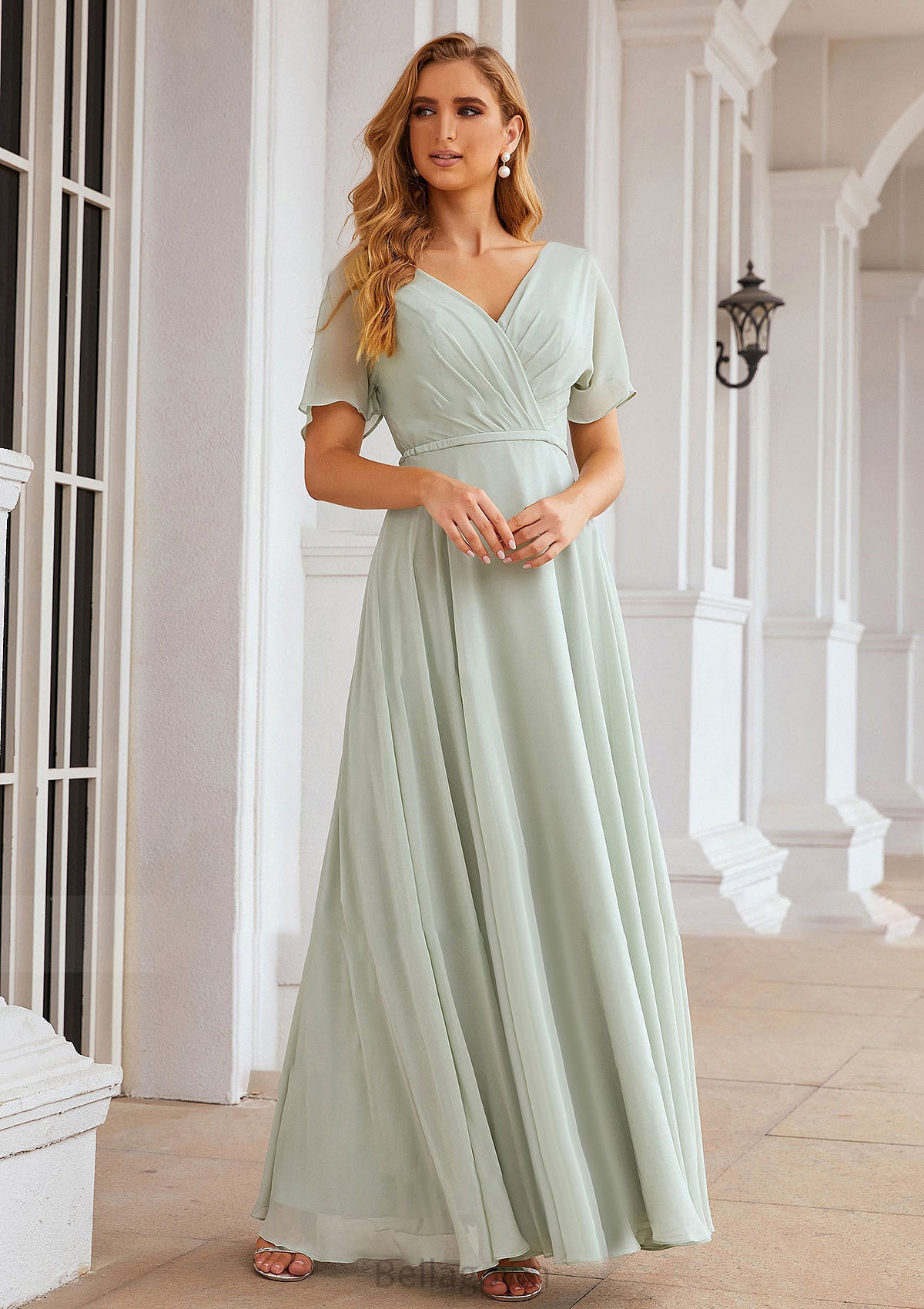 A-line V Neck Short Sleeve Chiffon Long/Floor-Length Bridesmaid Dresses With Pleated Waistband Madalyn DNP0025381