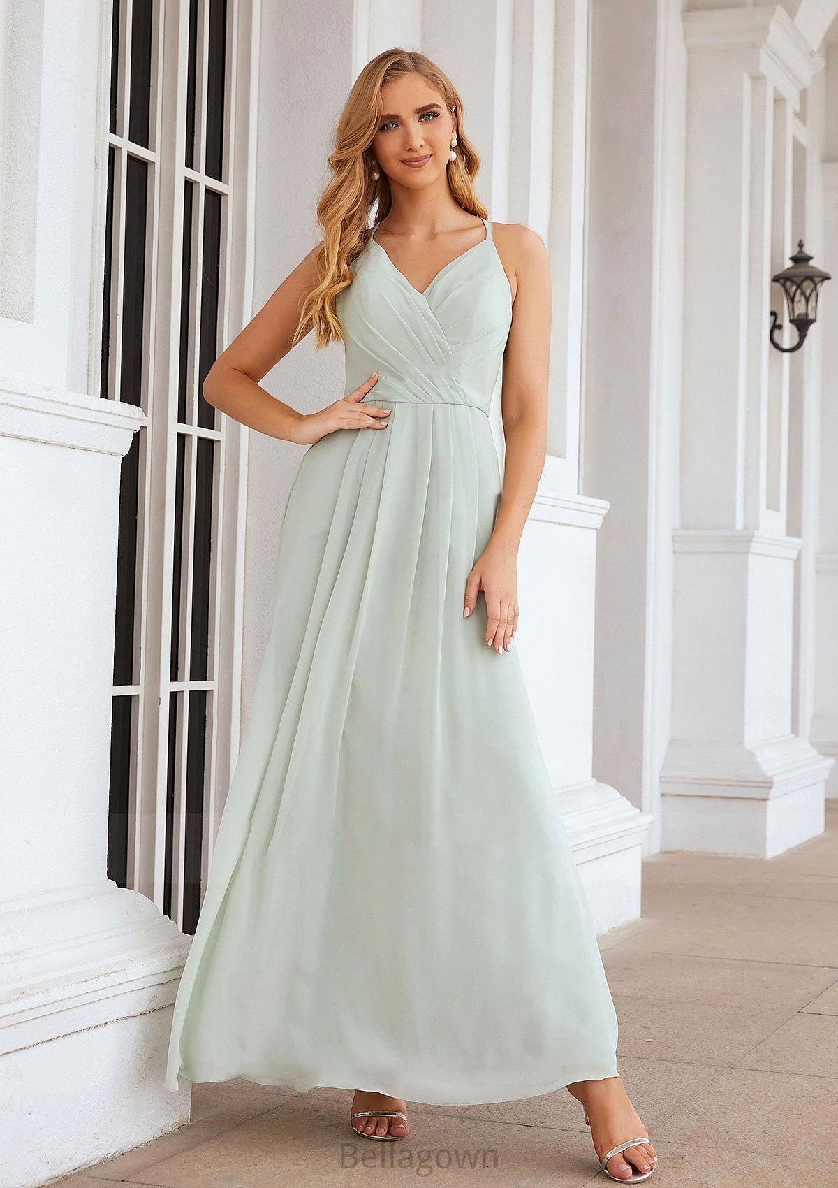 A-line V Neck Sleeveless Chiffon Long/Floor-Length Bridesmaid Dresses With Pleated Asia DNP0025385