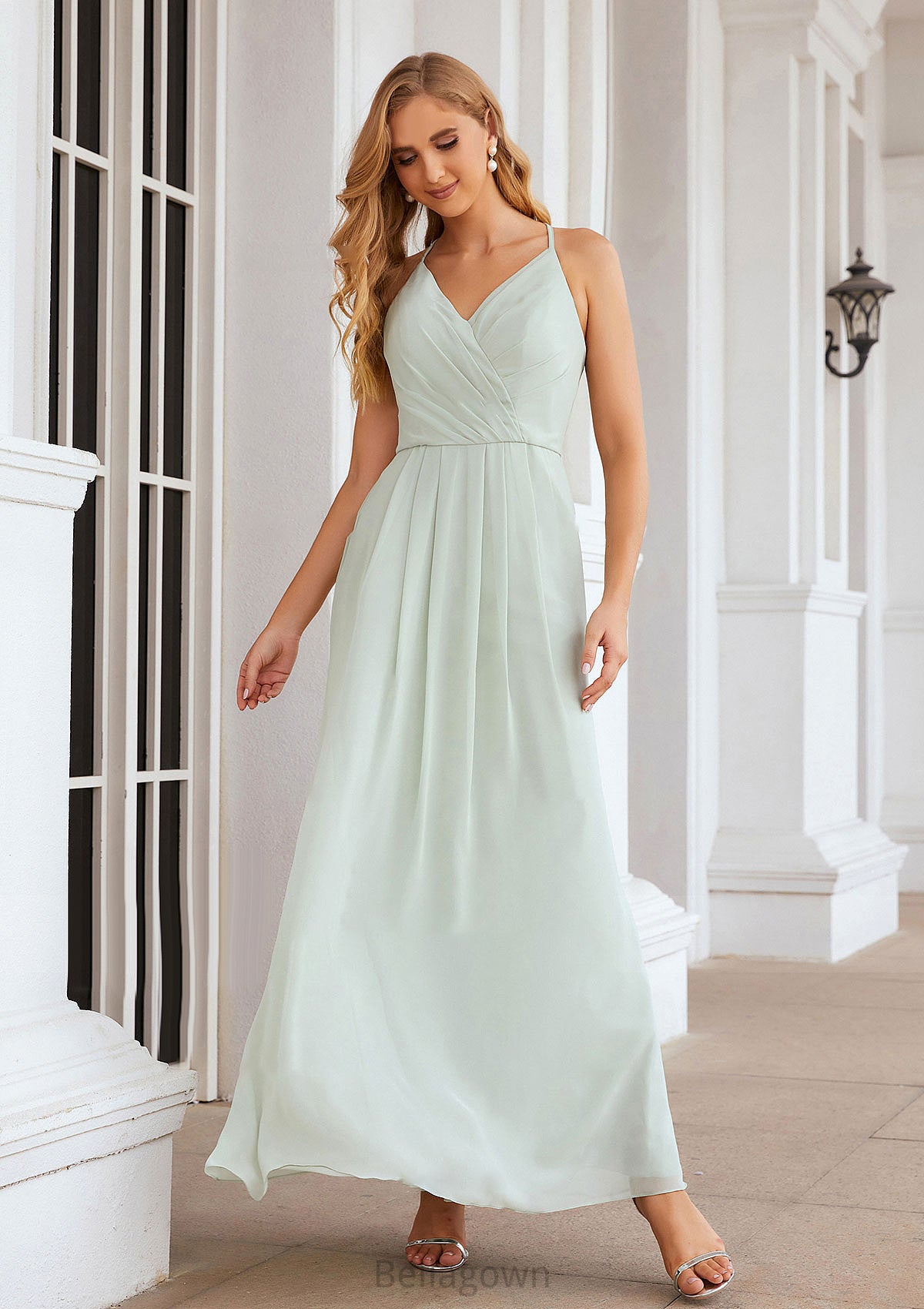 A-line V Neck Sleeveless Chiffon Long/Floor-Length Bridesmaid Dresses With Pleated Asia DNP0025385