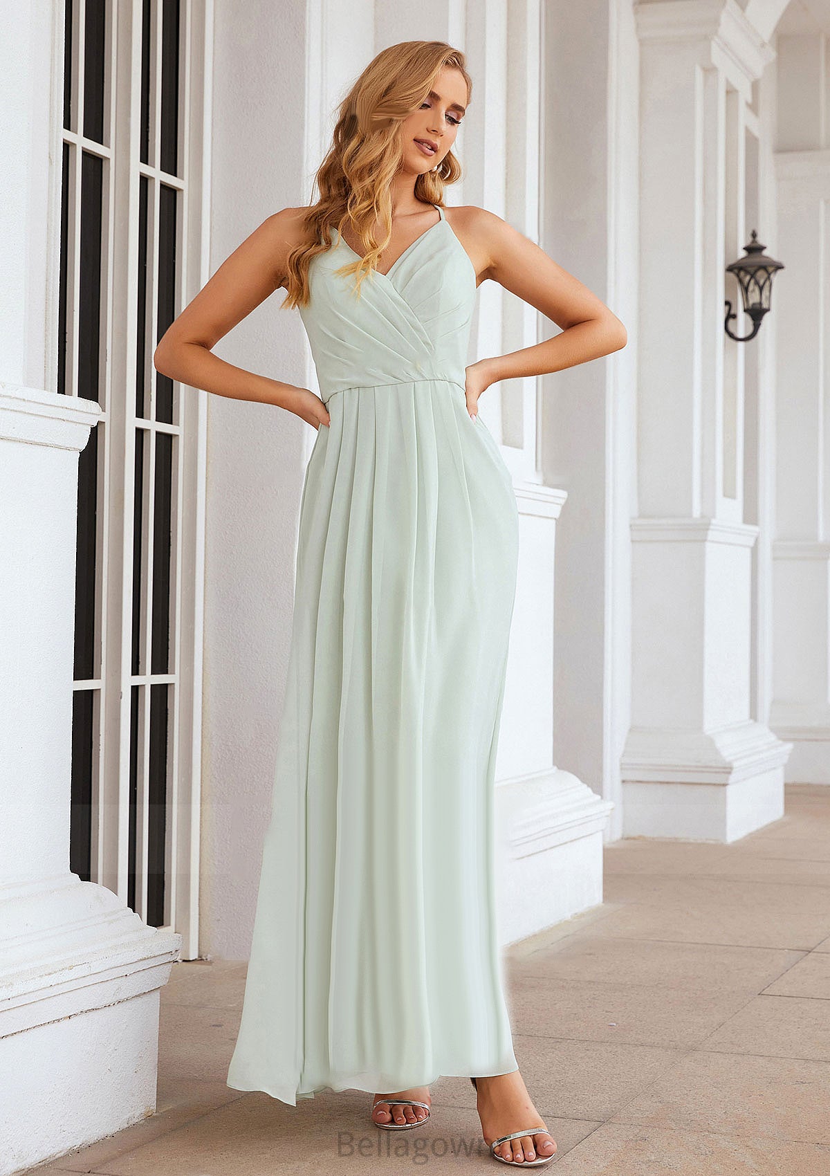 A-line V Neck Sleeveless Chiffon Long/Floor-Length Bridesmaid Dresses With Pleated Asia DNP0025385