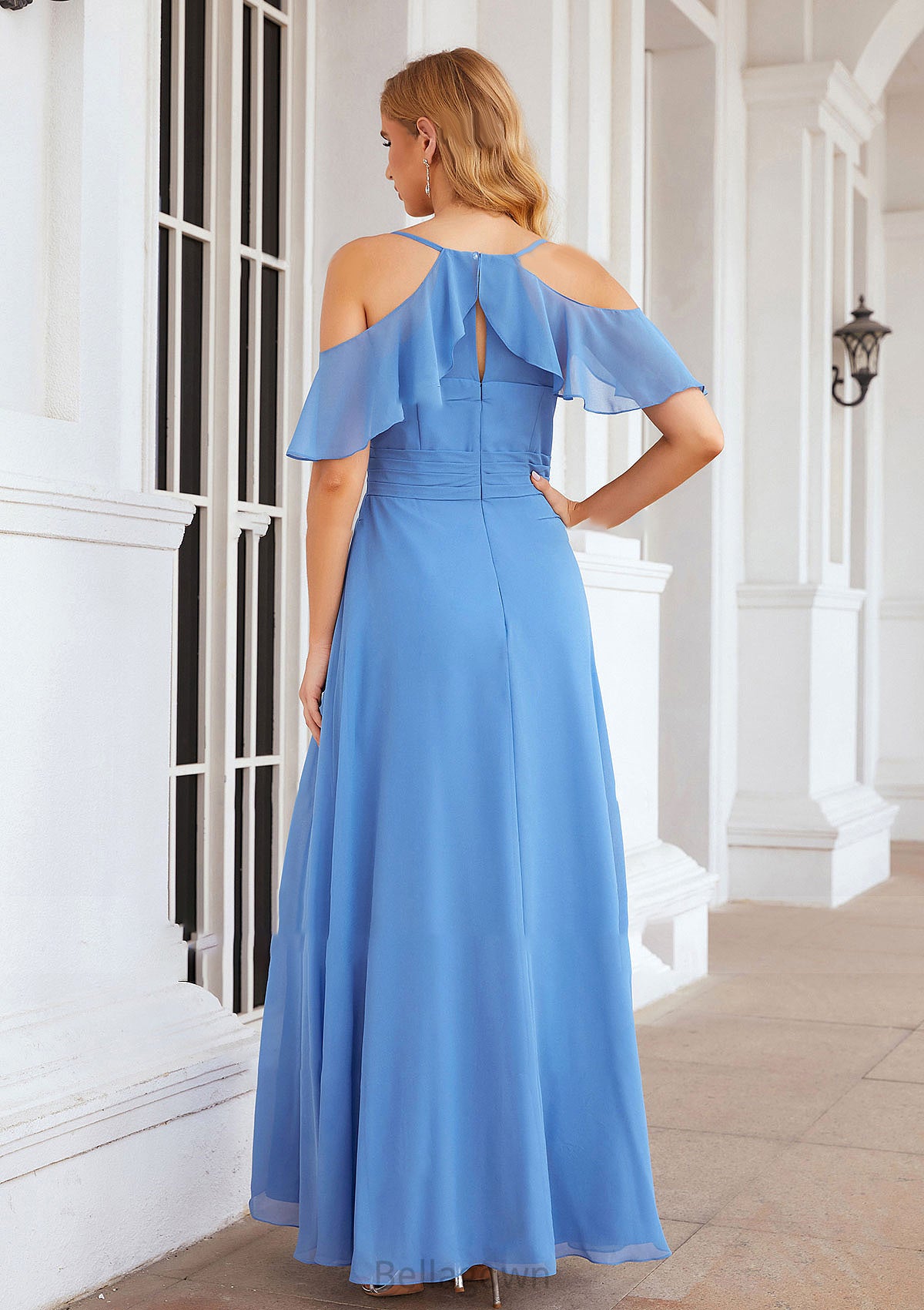 A-line V Neck Sleeveless Chiffon Long/Floor-Length Bridesmaid Dresses With Pleated Split Jaslyn DNP0025388