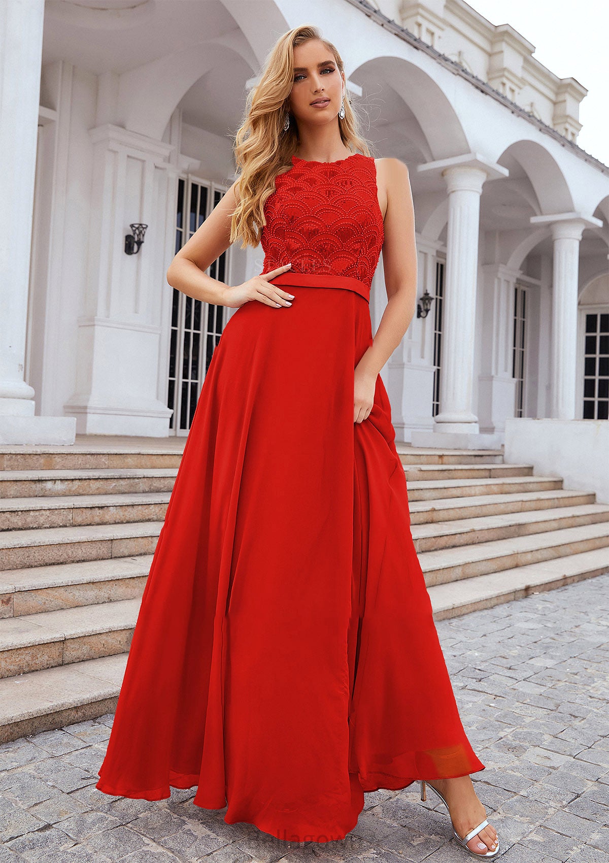 A-line Empire Scalloped Neck Sleeveless Chiffon Long/Floor-Length Bridesmaid Dresses With Beading Sequins Essence DNP0025392