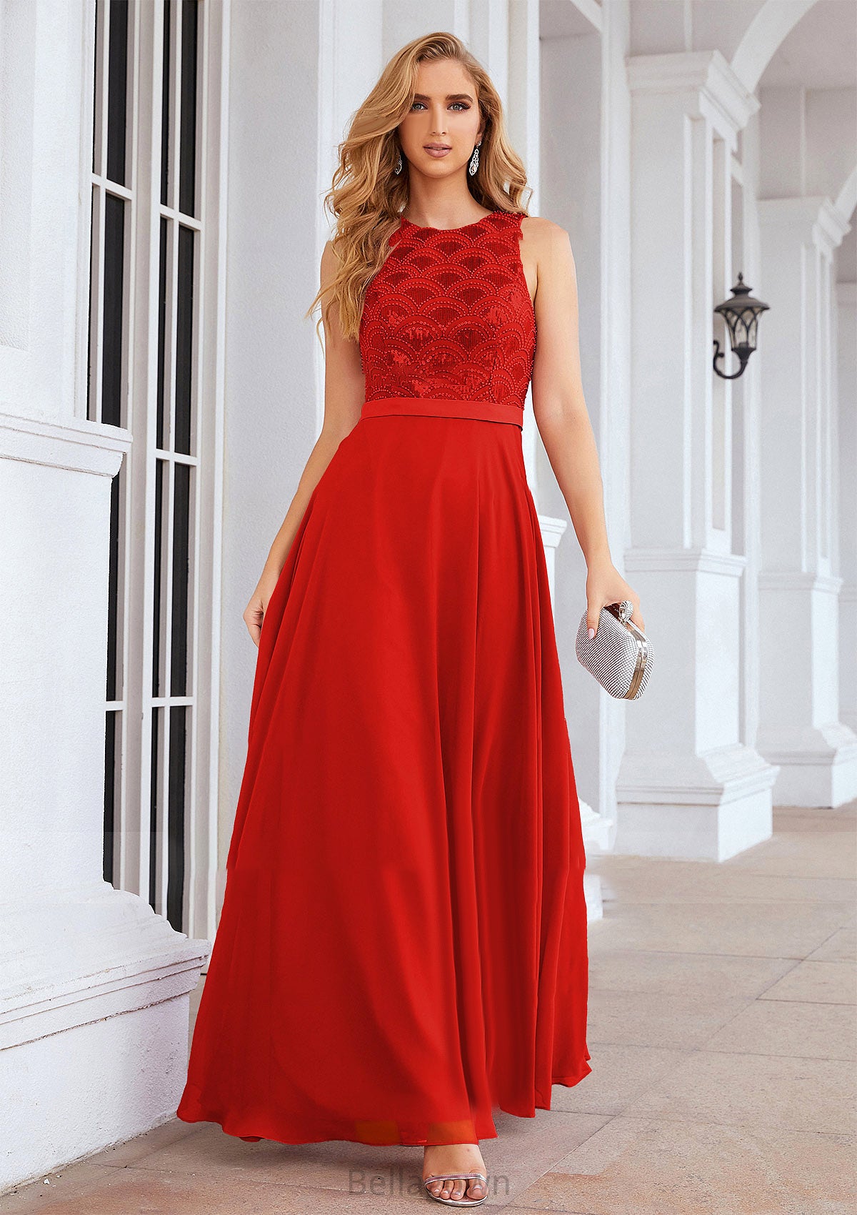 A-line Empire Scalloped Neck Sleeveless Chiffon Long/Floor-Length Bridesmaid Dresses With Beading Sequins Essence DNP0025392