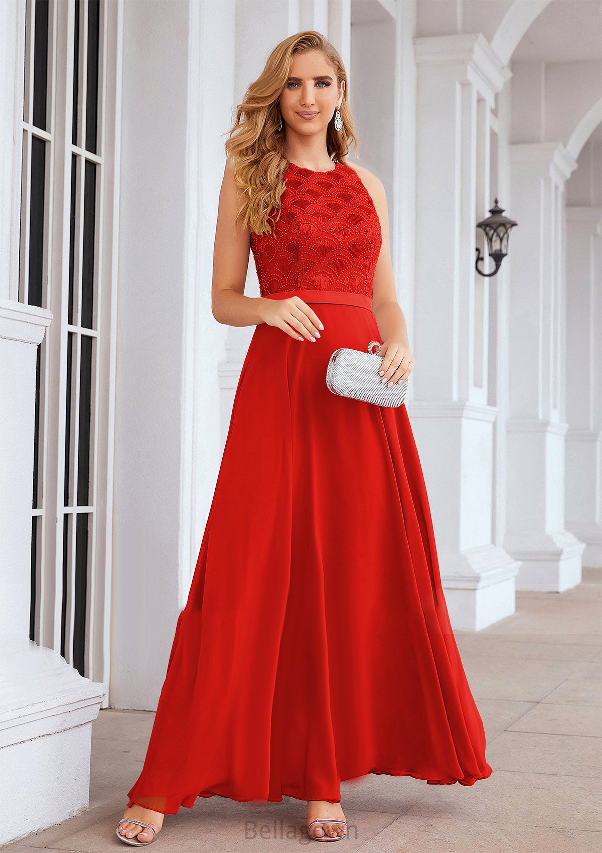 A-line Empire Scalloped Neck Sleeveless Chiffon Long/Floor-Length Bridesmaid Dresses With Beading Sequins Essence DNP0025392