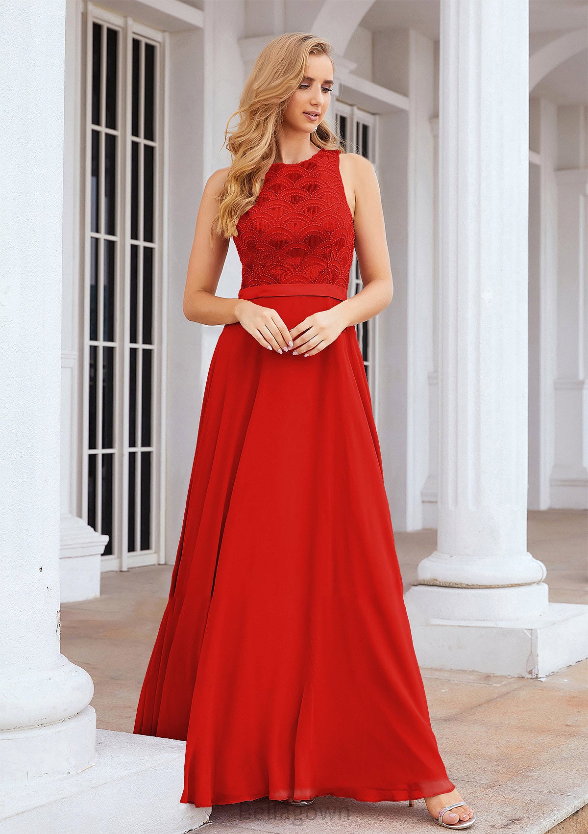 A-line Empire Scalloped Neck Sleeveless Chiffon Long/Floor-Length Bridesmaid Dresses With Beading Sequins Essence DNP0025392