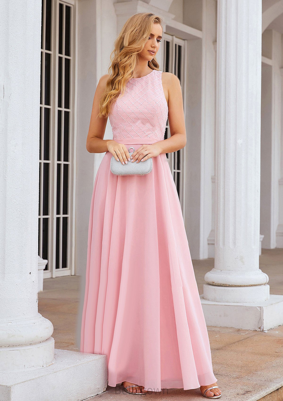 A-line Scalloped Neck Sleeveless Chiffon Long/Floor-Length Bridesmaid Dresses With Beading Bianca DNP0025393