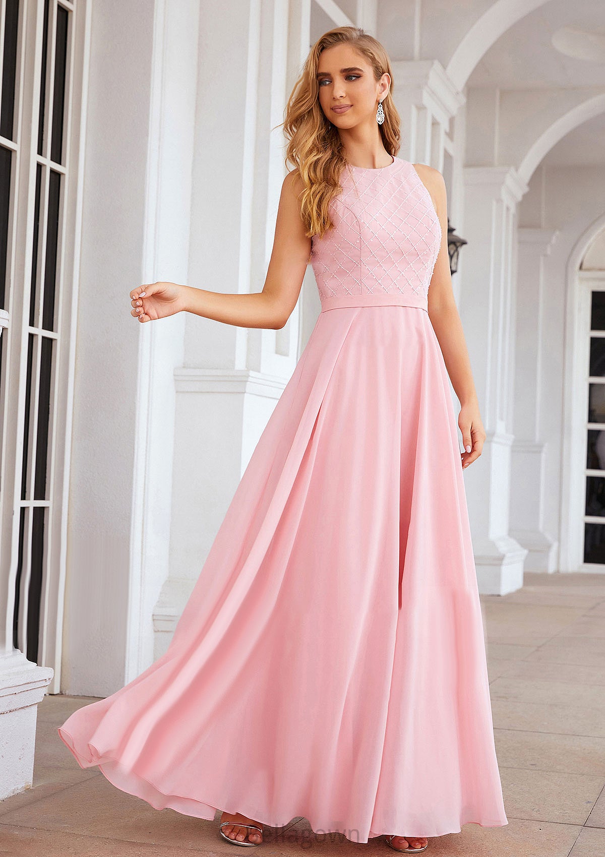 A-line Scalloped Neck Sleeveless Chiffon Long/Floor-Length Bridesmaid Dresses With Beading Bianca DNP0025393