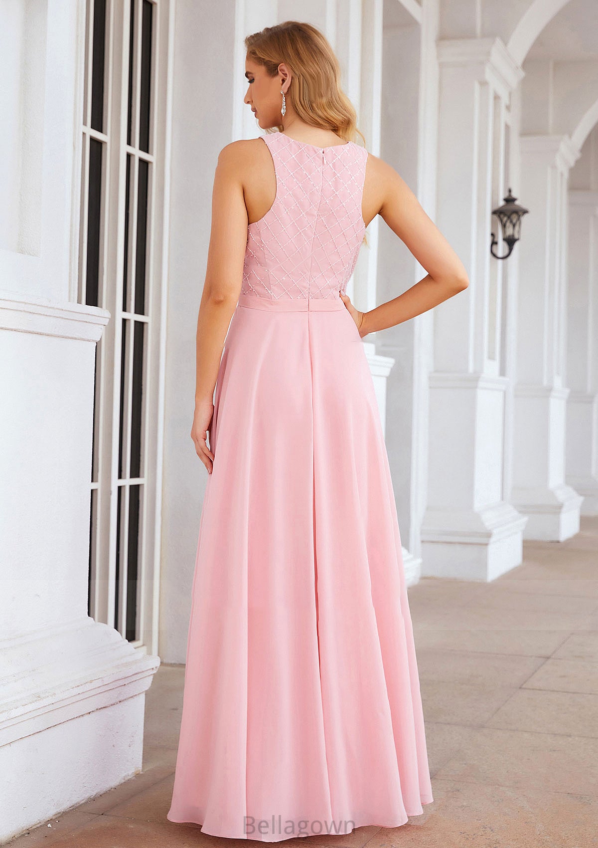 A-line Scalloped Neck Sleeveless Chiffon Long/Floor-Length Bridesmaid Dresses With Beading Bianca DNP0025393