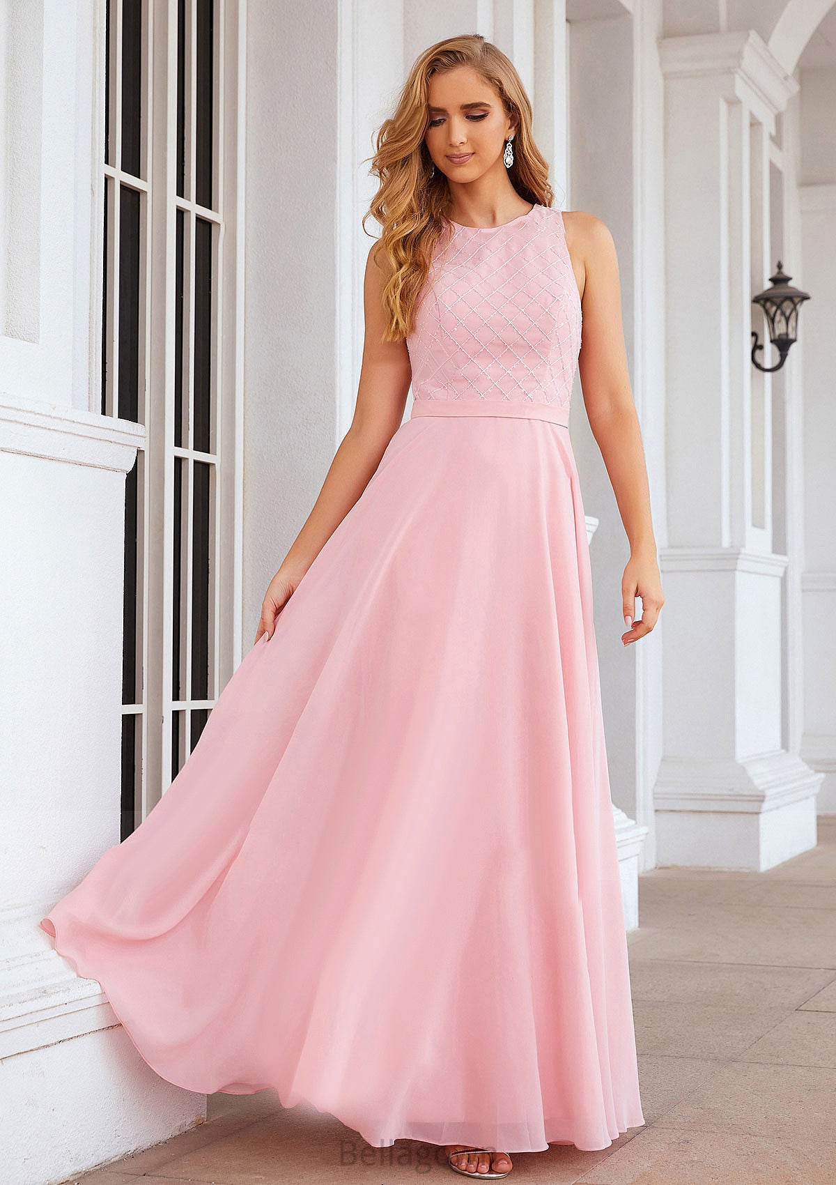 A-line Scalloped Neck Sleeveless Chiffon Long/Floor-Length Bridesmaid Dresses With Beading Bianca DNP0025393