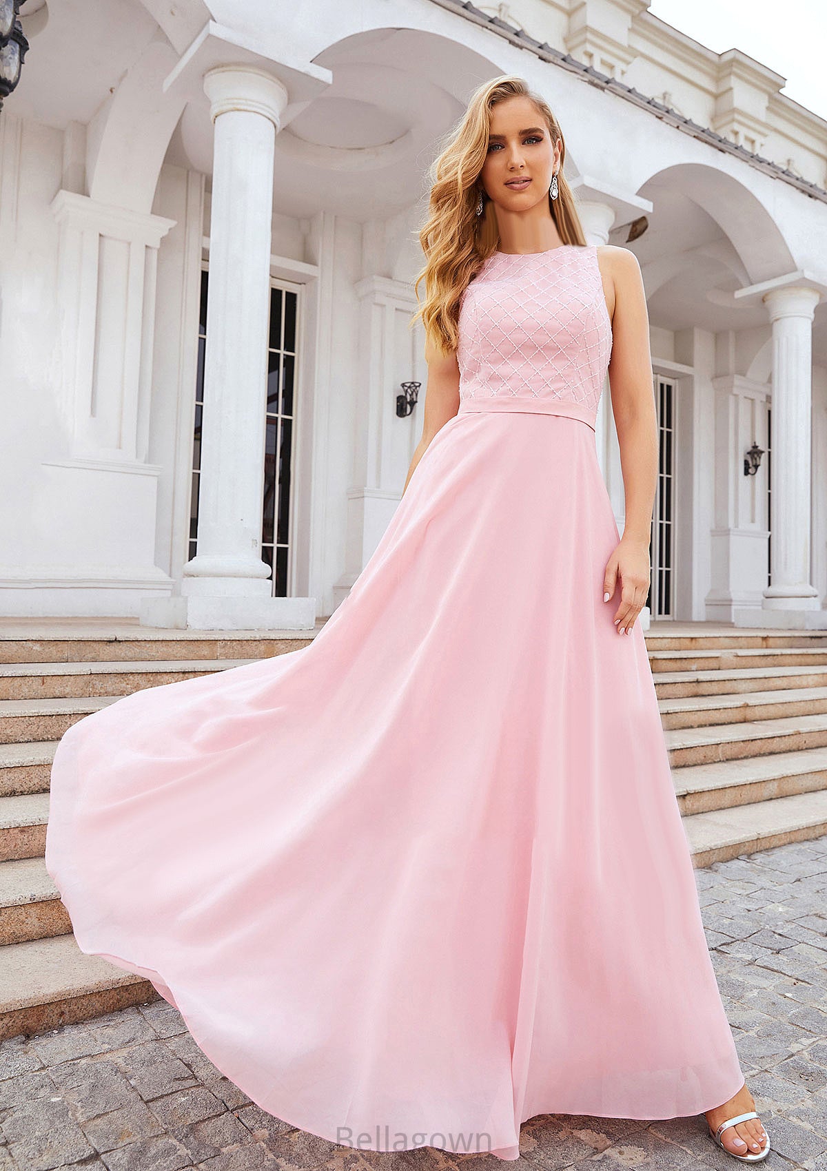 A-line Scalloped Neck Sleeveless Chiffon Long/Floor-Length Bridesmaid Dresses With Beading Bianca DNP0025393