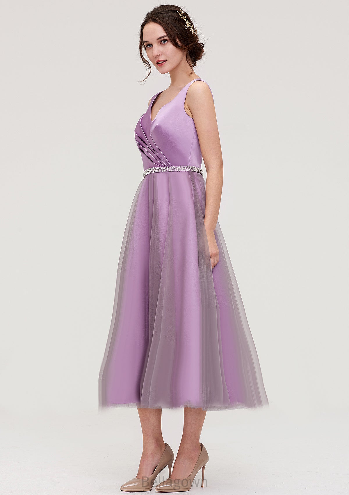 V Neck Sleeveless Tulle Tea-Length A-line/Princess Bridesmaid Dresses With Waistband Beading Pleated Evelyn DNP0025395