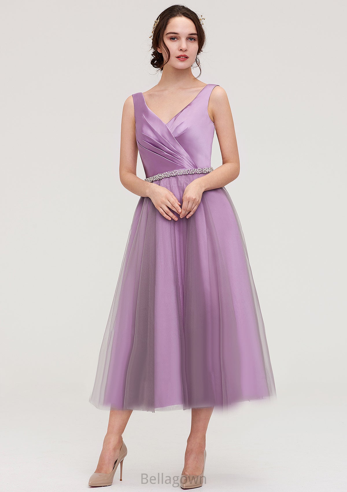 V Neck Sleeveless Tulle Tea-Length A-line/Princess Bridesmaid Dresses With Waistband Beading Pleated Evelyn DNP0025395