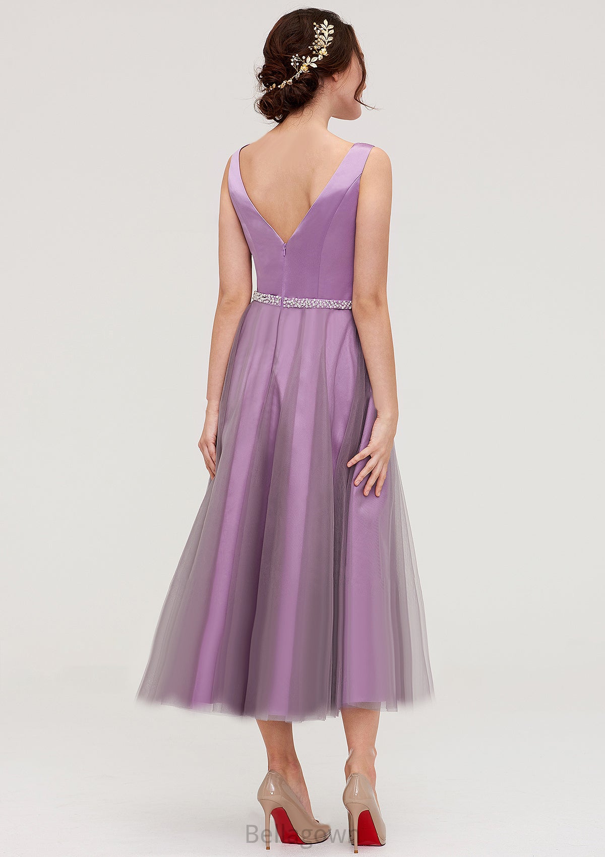 V Neck Sleeveless Tulle Tea-Length A-line/Princess Bridesmaid Dresses With Waistband Beading Pleated Evelyn DNP0025395