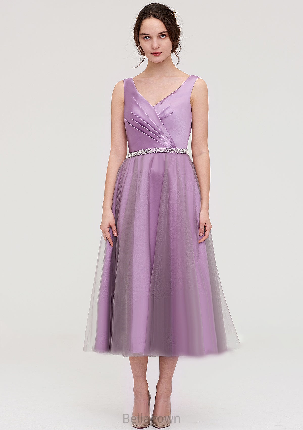 V Neck Sleeveless Tulle Tea-Length A-line/Princess Bridesmaid Dresses With Waistband Beading Pleated Evelyn DNP0025395