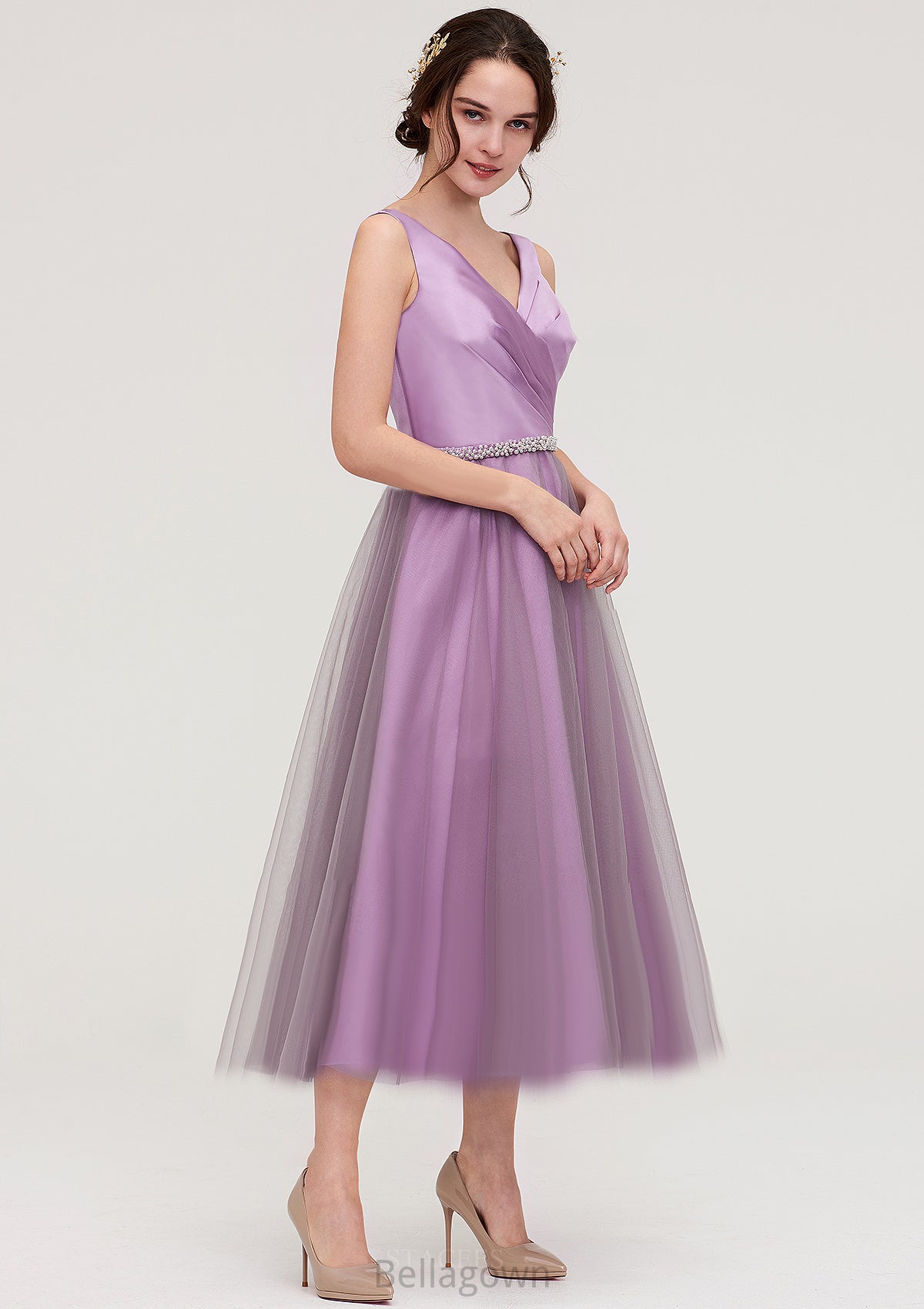 V Neck Sleeveless Tulle Tea-Length A-line/Princess Bridesmaid Dresses With Waistband Beading Pleated Evelyn DNP0025395