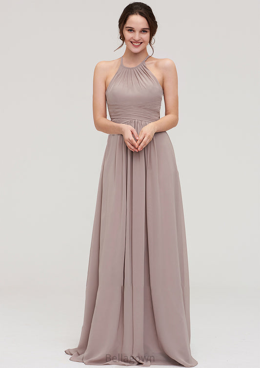 Scoop Neck Sleeveless A-line/Princess Chiffon Long/Floor-Length Bridesmaid Dresseses With Pleated Hayden DNP0025399