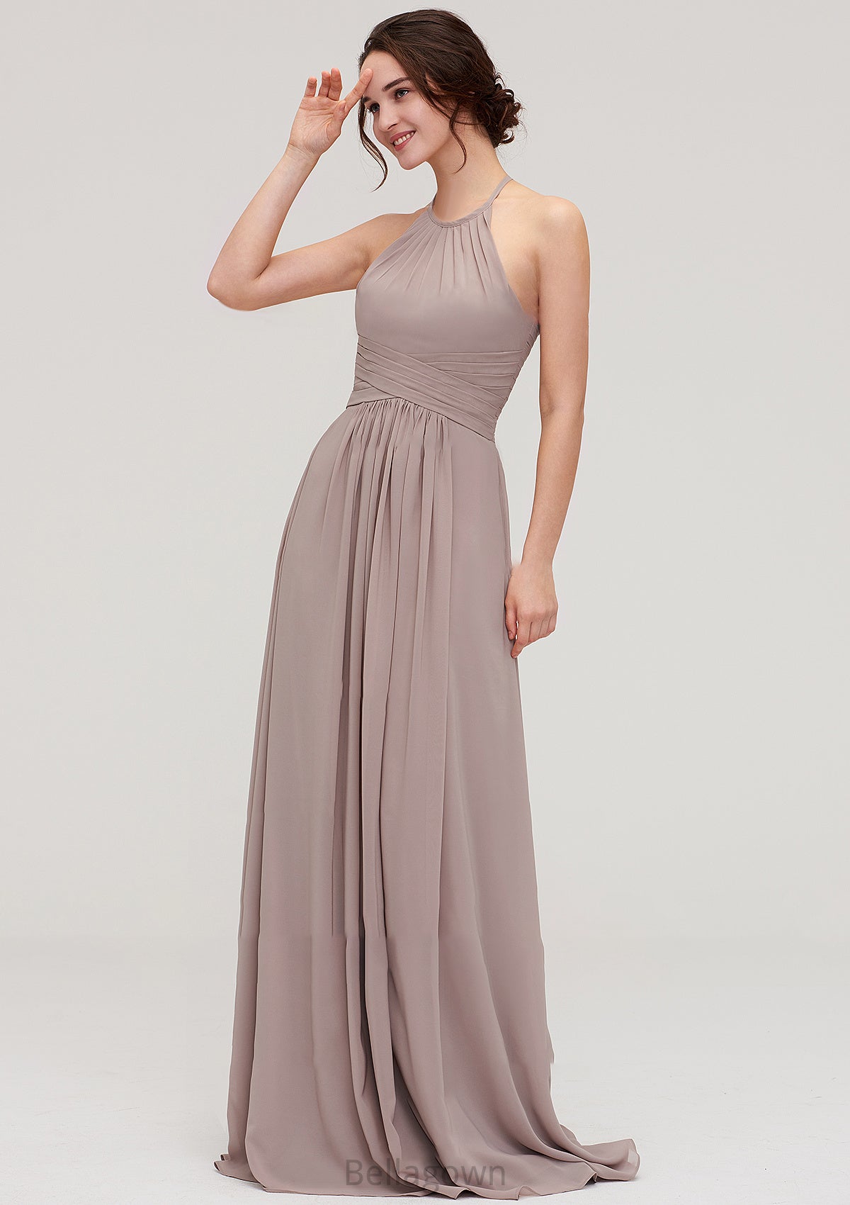 Scoop Neck Sleeveless A-line/Princess Chiffon Long/Floor-Length Bridesmaid Dresseses With Pleated Hayden DNP0025399