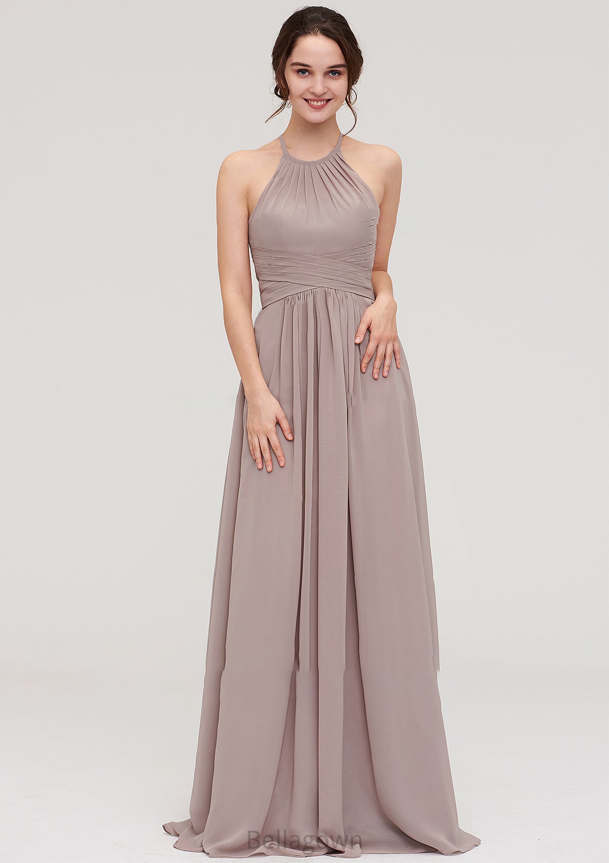 Scoop Neck Sleeveless A-line/Princess Chiffon Long/Floor-Length Bridesmaid Dresseses With Pleated Hayden DNP0025399