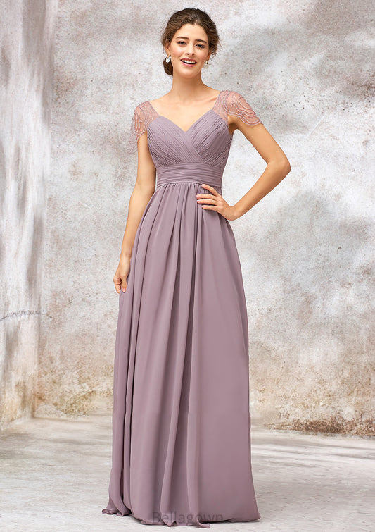 V Neck Long/Floor-Length Chiffon A-line/Princess Bridesmaid Dresses With Pleated Beading Maisie DNP0025416