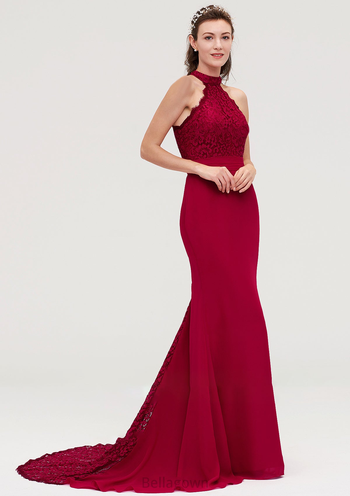 Sleeveless Scoop Neck Court Train Trumpet/Mermaid Chiffon Bridesmaid Dresseses With Lace Lyla DNP0025417