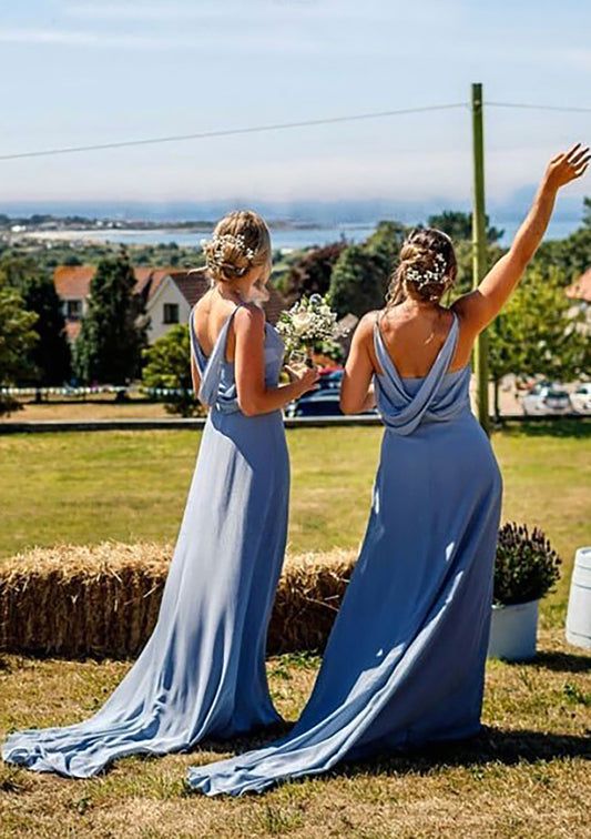 A-line V Neck Sleeveless Court Train Chiffon Bridesmaid Dresses With Pleated Mikayla DNP0025419