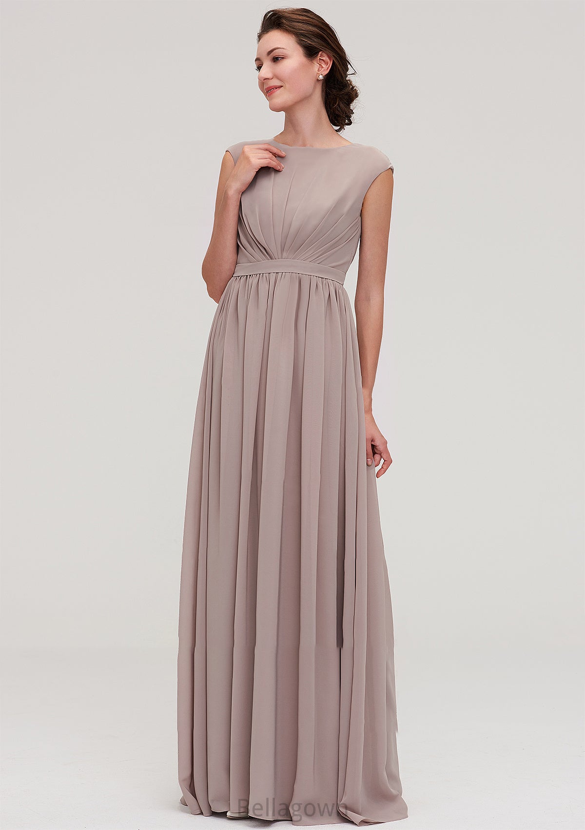 Bateau Sleeveless A-line/Princess Chiffon Long/Floor-Length Bridesmaid Dresses With Pleated Veronica DNP0025420