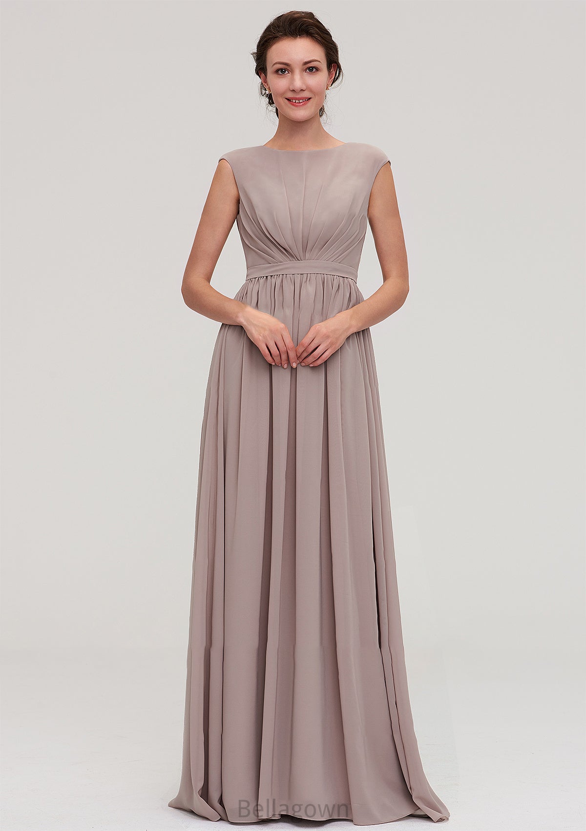 Bateau Sleeveless A-line/Princess Chiffon Long/Floor-Length Bridesmaid Dresses With Pleated Veronica DNP0025420