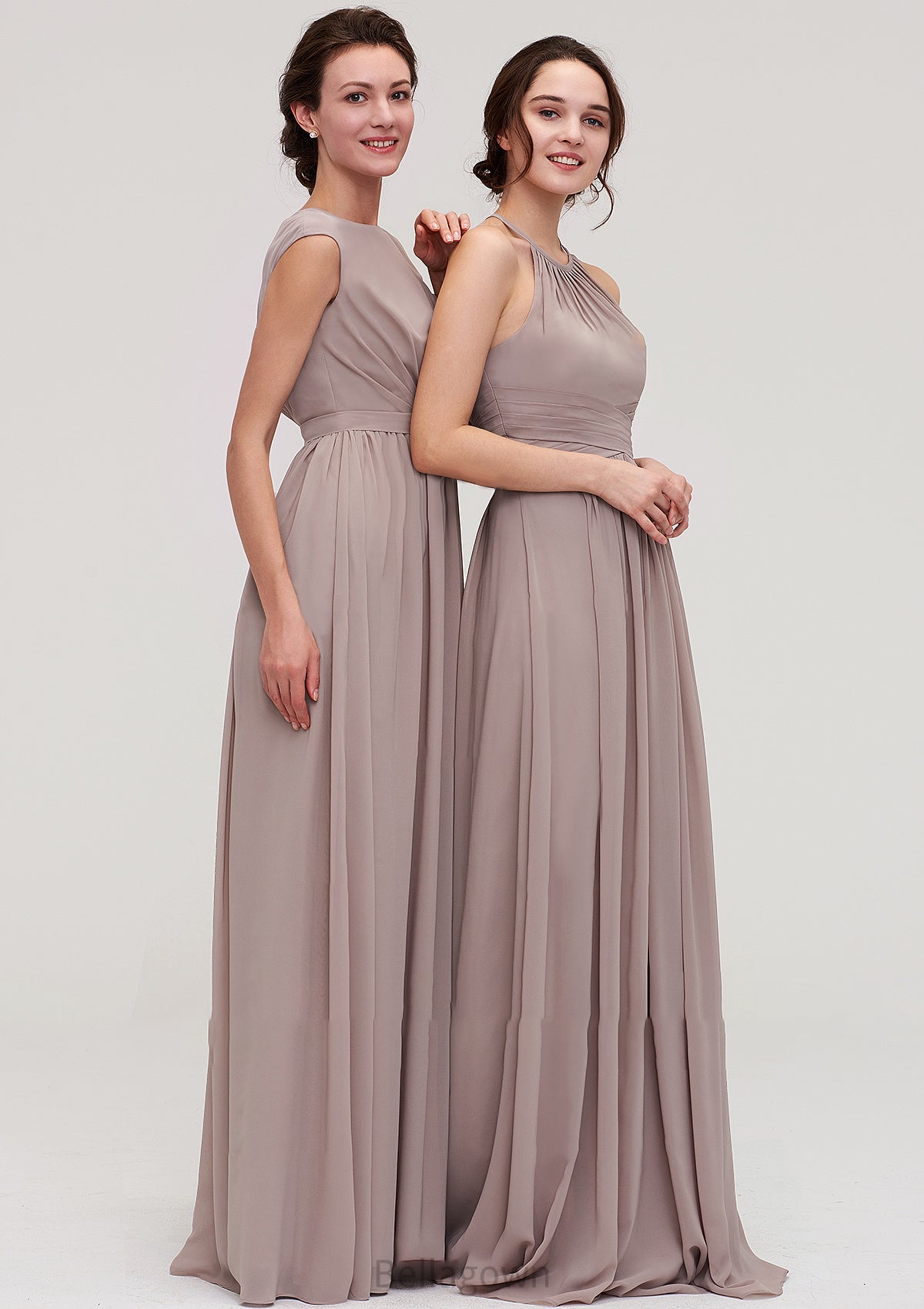 Bateau Sleeveless A-line/Princess Chiffon Long/Floor-Length Bridesmaid Dresses With Pleated Veronica DNP0025420