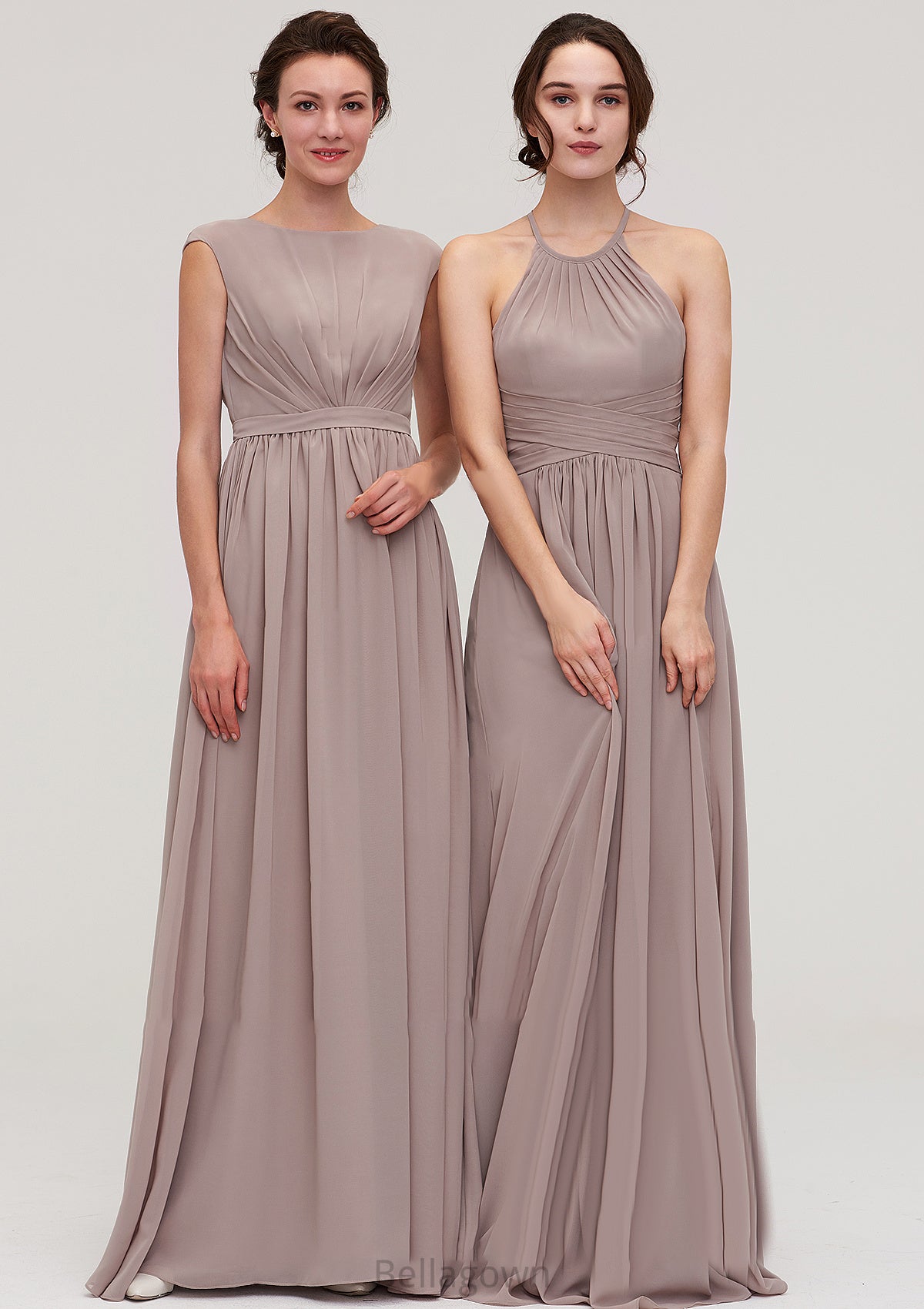 Bateau Sleeveless A-line/Princess Chiffon Long/Floor-Length Bridesmaid Dresses With Pleated Veronica DNP0025420