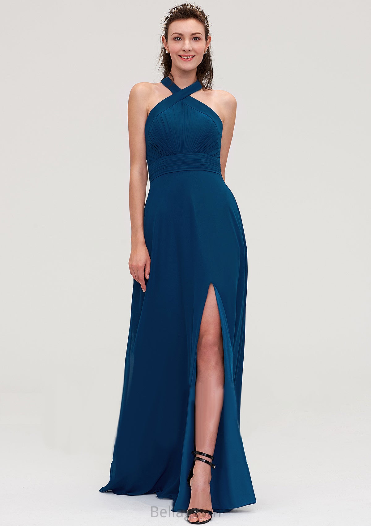 Scalloped Neck Sleeveless A-line/Princess Chiffon Long/Floor-Length Bridesmaid Dresseses With Split Pleated Nancy DNP0025424